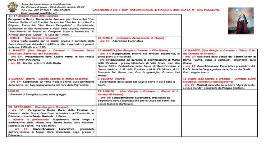 Calendario per il 150° Anniversario di nascita della Beata M. della Passione