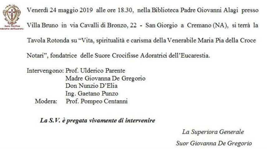 Programma del Centenario di nascita al cielo della Venerabile Maria Pia della Croce